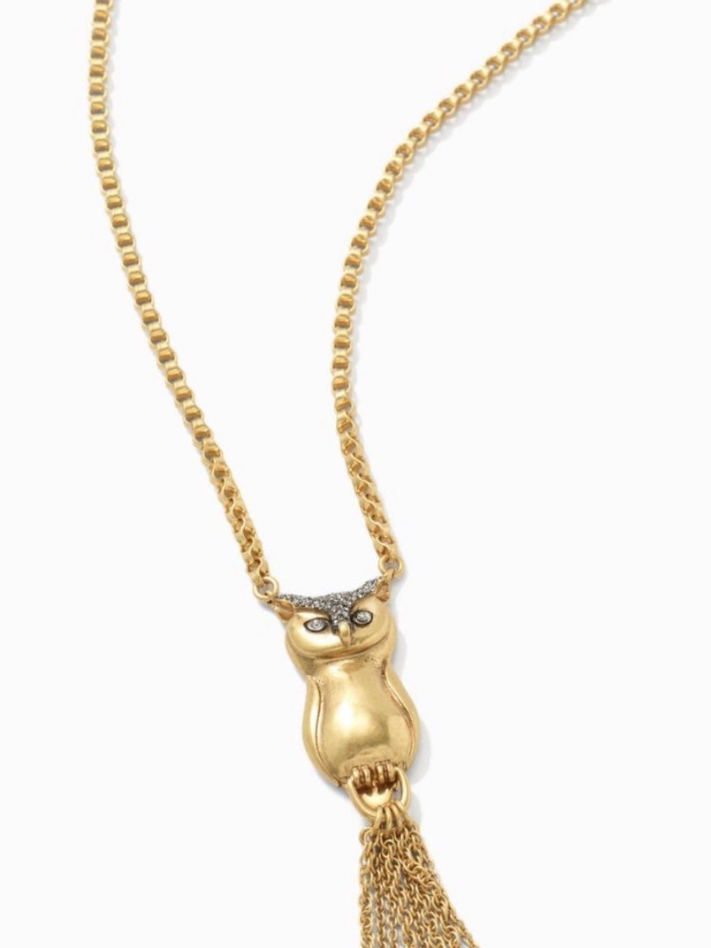 Stella & Dot Hematite Paved Crystal Rhinestone Antiqued Gold Owl Necklace 30”